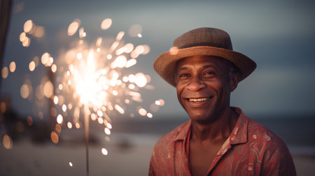 Portrait of smiling african american man with sparklers on the beachの素材