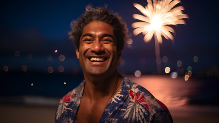 Portrait of a happy african american man with fireworks on the beachの素材