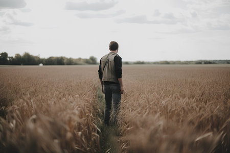 Back view of young man standing in wheat field and looking away.の素材