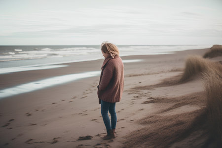 Young woman walking on the beach by the sea wearing a warm coatの素材
