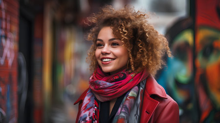 Portrait of a beautiful young woman with afro hairstyle wearing a red coat and scarfの素材