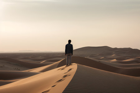 Businessman in the desert with sand dunes in the background.の素材