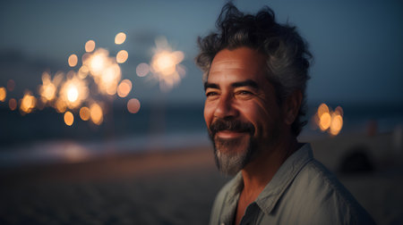 Portrait of a happy middle-aged man on the beach at sunsetの素材