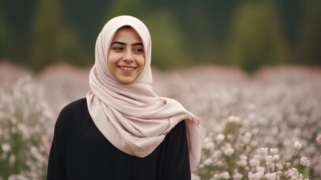 Beautiful muslim woman wearing hijab standing in the field of flowersの素材