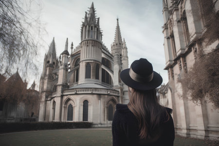 Beautiful young woman in hat and black coat standing in front of churchの素材