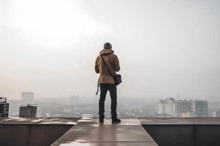 Back view of a man with a backpack standing on the roof and looking at the cityの素材