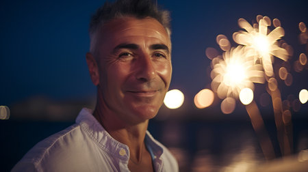 Portrait of a man with sparklers in the city at nightの素材