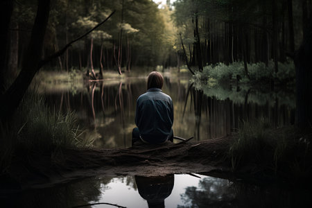 Young woman sitting on the edge of a lake in the woods.の素材