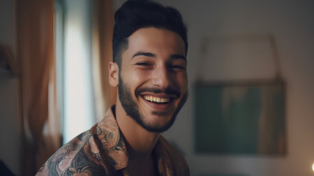 Portrait of a handsome young man smiling at the camera while standing in the roomの素材