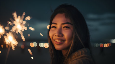 Portrait of a beautiful young asian woman with sparklers outdoorsの素材
