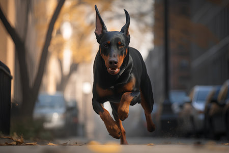 Black Doberman Pinscher running on the street. Selective focus.の素材