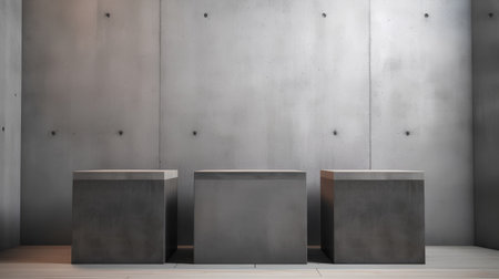 Three black metal podiums on a concrete wall. 3d renderingの素材