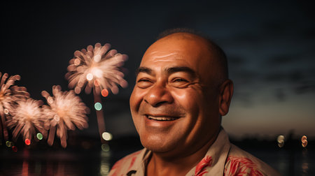 Portrait of happy asian senior man with fireworks in the backgroundの素材