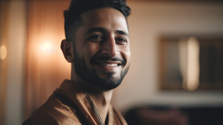 Portrait of a handsome young man in a brown jacket smiling at the cameraの素材