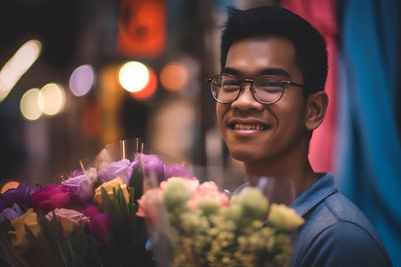 Young handsome asian man selling flowers at night market in Bangkok, Thailandの素材