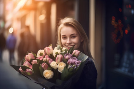 Beautiful young woman with bouquet of flowers in the city.の素材