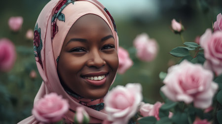 Beautiful african muslim woman with pink roses in the gardenの素材