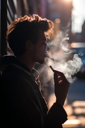 Young man smoking electronic cigarette in the city at sunset, tonedの素材