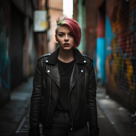 Portrait of a beautiful young woman with pink hair in a leather jacketの素材