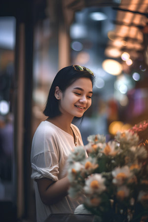 Beautiful young asian woman sitting in a cafe at night.の素材