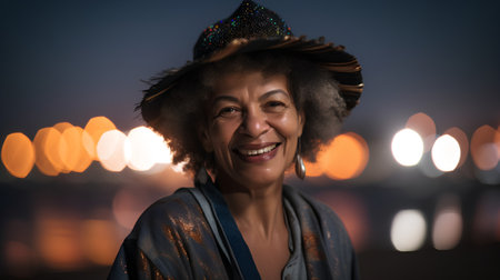 Portrait of a beautiful mature woman with afro hairstyle wearing a hat.の素材
