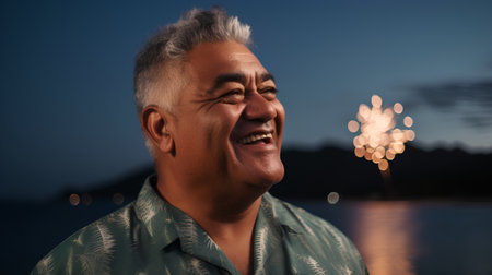 Portrait of happy Asian senior man celebrating new year eve with sparklersの素材