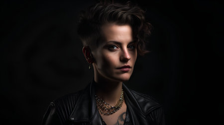 Portrait of a beautiful young woman in a leather jacket on a dark backgroundの素材