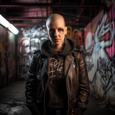 Portrait of a punk man in a dark underground passage with graffitiの素材