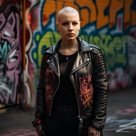 Portrait of a punk girl in a leather jacket on graffiti backgroundの素材
