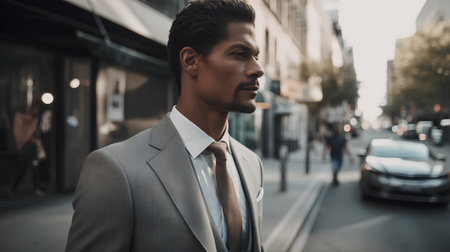 Portrait of a handsome young man in a suit walking in the cityの素材