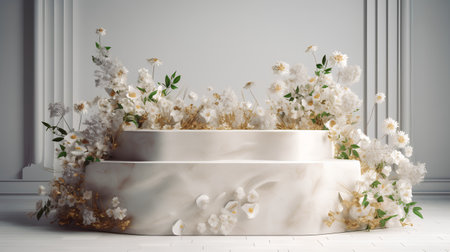 3d render, white marble pedestal with white flowers and leavesの素材