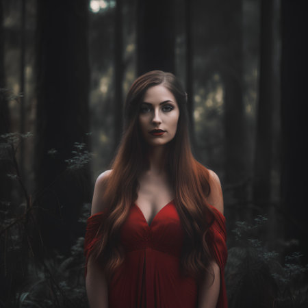 Beautiful young woman in red dress standing in the dark forest.の素材