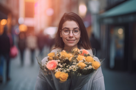 Portrait of a young woman with glasses holding a bouquet of flowersの素材