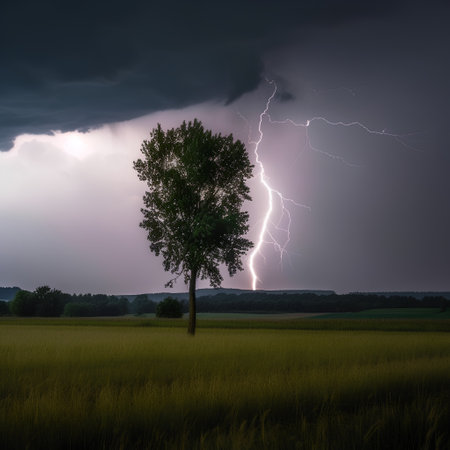 Thunderstorm over a field with a tree in the foreground and lightningの素材