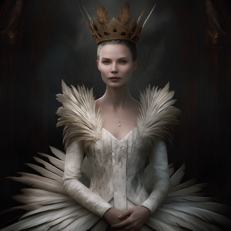 3d rendering of a beautiful young woman with a crown and feathersの素材
