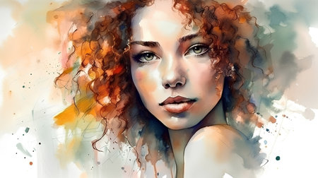 Watercolor portrait of a beautiful young woman with long curly hair.の素材