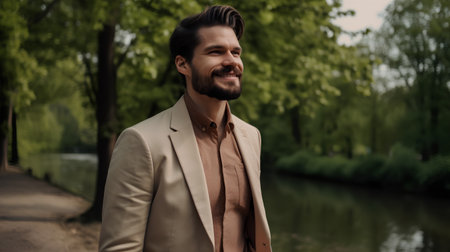 Portrait of a handsome young man in a beige jacket walking in the parkの素材