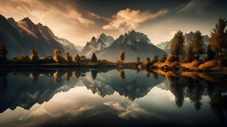 Mountain lake in the autumn season. Mirror reflection on the lake.の素材