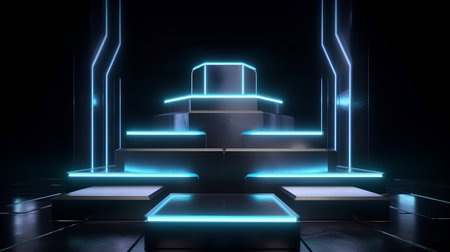 Futuristic background with neon lights and pedestals. 3d renderingの素材