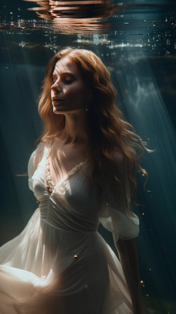 Portrait of a beautiful girl with long hair in a white dress underwaterの素材