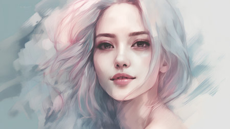 Portrait of a beautiful young woman with pink hair and blue eyesの素材