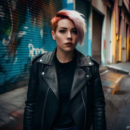 Fashionable young woman with pink hair in a black leather jacket on the streetの素材