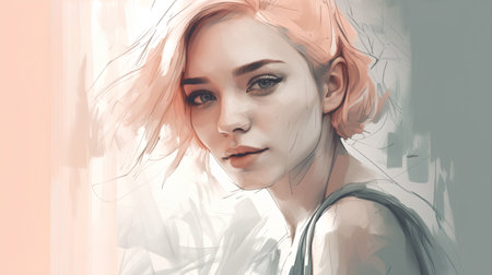 Portrait of a beautiful young woman with pink hair. Toned.の素材