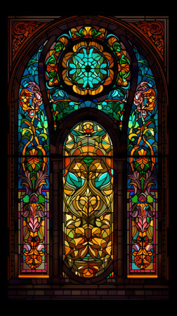 Illustration in stained glass style with a stained glass window on a dark backgroundの素材