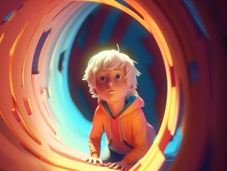 3d illustration of a boy in an orange hoodie looking through a tunnelの素材