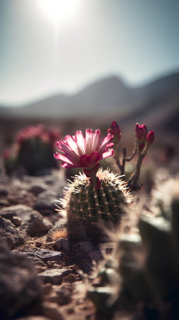 Beautiful cactus with pink flowers in the desert at sunset.の素材