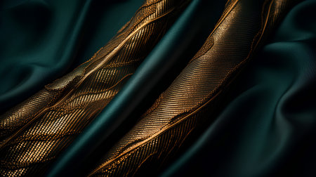 Background texture of silk fabric. Dark green silk satin luxury cloth or liquid wave or wavy folds of grunge silk texture backgroundの素材