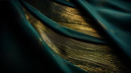 Texture, background, pattern. Silk fabric is dark green with gold stripes. Abstract background of luxury fabric.の素材