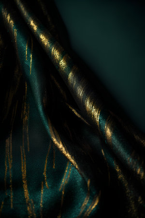 Texture, background, pattern, silk fabric, emerald green with gold stripes, the material allowing the light to pass through it so that the objects behind are clearly visible.の素材