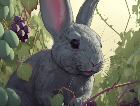 Rabbit with grapes in the vineyard. 3D illustration.の素材